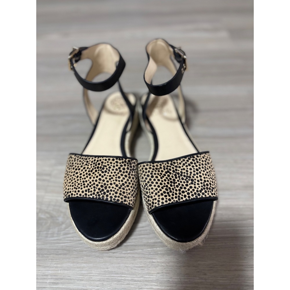 Vince Camuto Leopard Calf Hair Espadrille Wedge Sandals Black Tan 8.5M